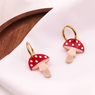 Ohrringe Pilz Fliegenpilz Creolen - 18k vergoldet Fliegenpilz Wald Pilze Anhänger - leichte Ohrringe Pilze rot Gesc
