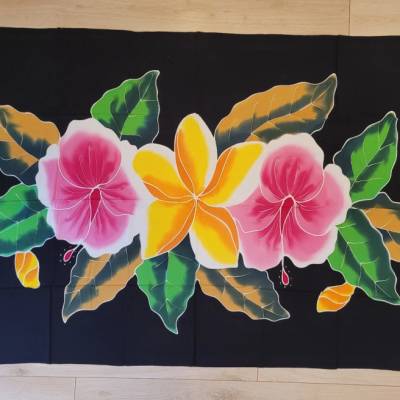 Wickelrock-Sari "Flower - Blumen" fransenlos, mit Sarongschnalle, 185x112 cm, schwarz, bunte Blumen, 330 g