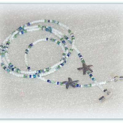 sommerliche Brillenkette mit Seestern in weiß und meeresfarben, Brillenband, Sonnenbrillenband