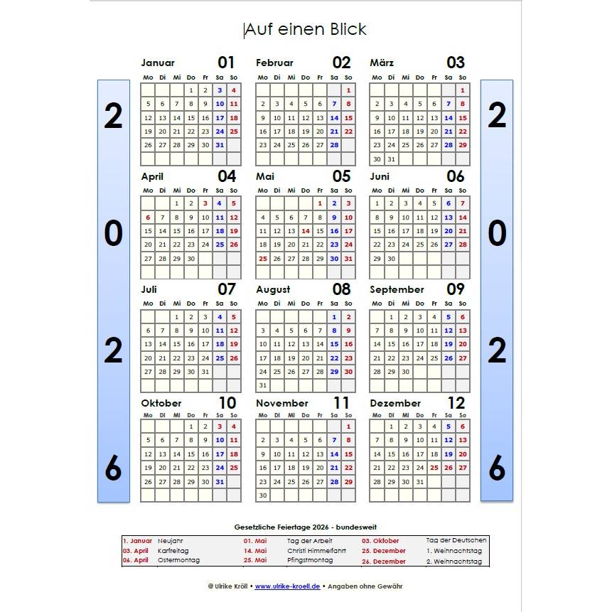 Jahreskalender 2026 auf einen Blick - Blau auf Weiss PDF – DIN A4 zum Ausdrucken Bild 1