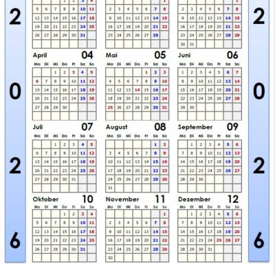 Jahreskalender 2026 auf einen Blick - Blau auf Weiss PDF – DIN A4 zum Ausdrucken