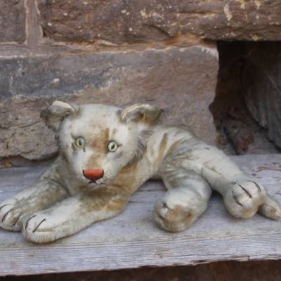 alter shabby STEIFF Junglöwe liegend Stofftier 50er Jahre mit Knopf und Fahne