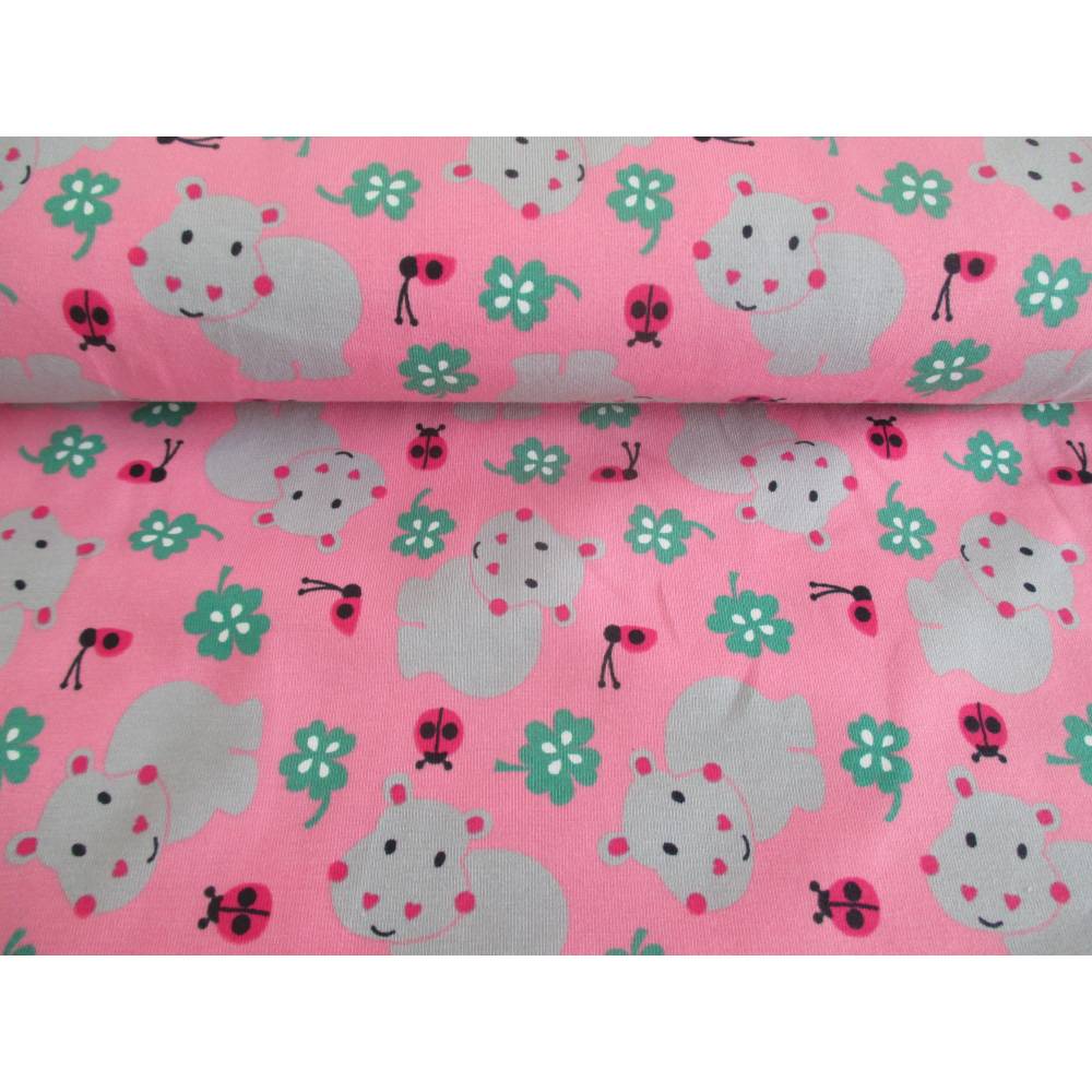 Rest:1,50m x 1,50m Baumwolljersey  Glücks Hippo Nilpferd Kleeblatt Rosa Bild 1