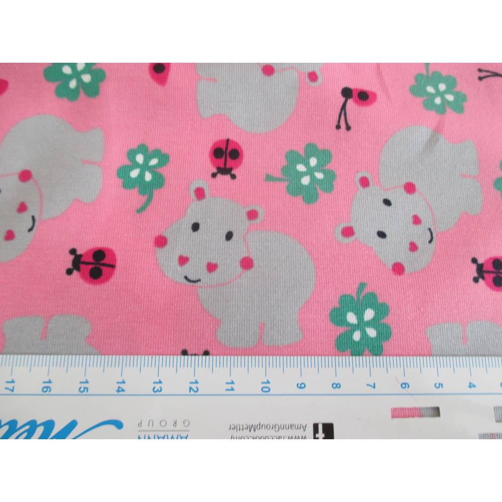 Rest:1,50m x 1,50m Baumwolljersey  Glücks Hippo Nilpferd Kleeblatt Rosa Bild 2