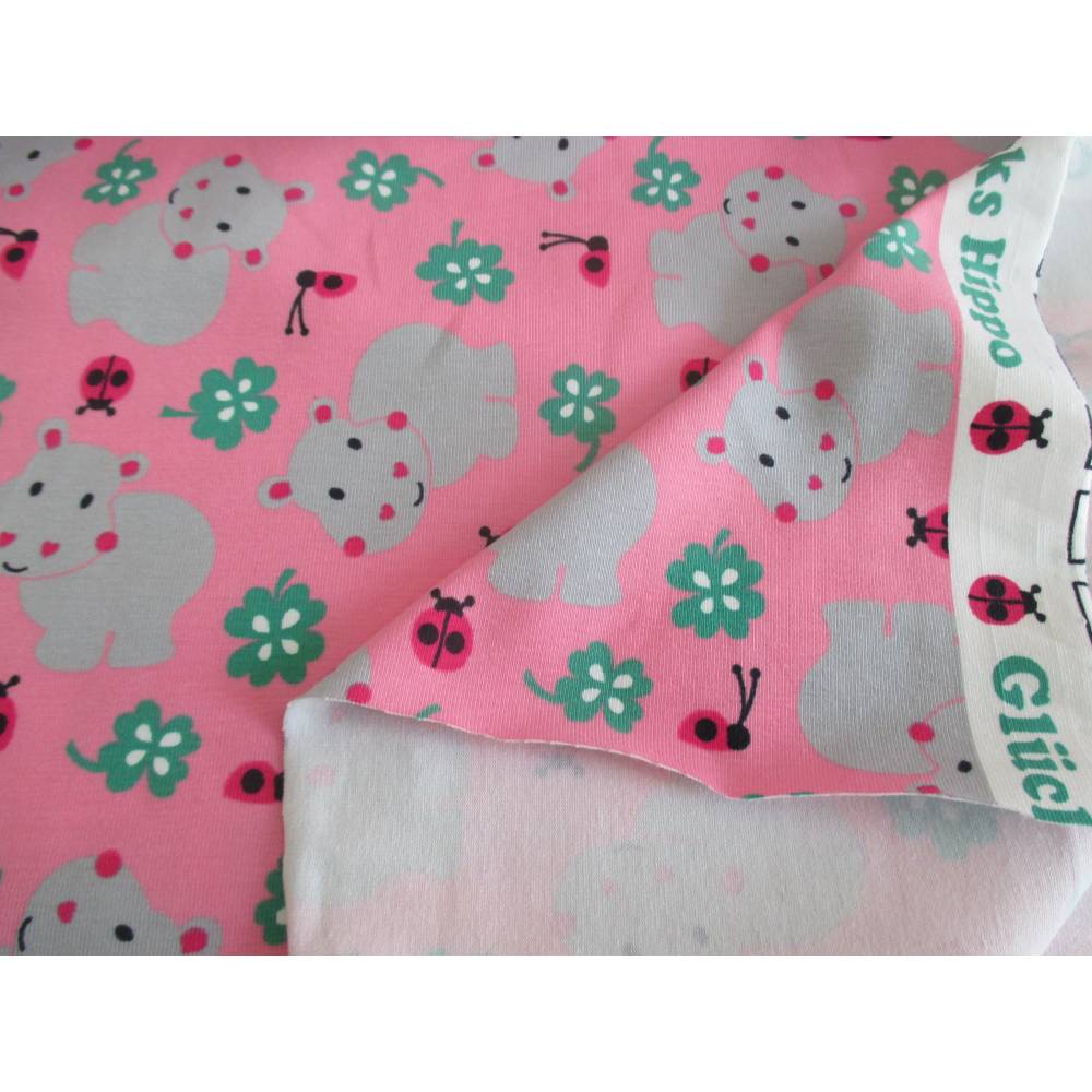 Rest:1,50m x 1,50m Baumwolljersey  Glücks Hippo Nilpferd Kleeblatt Rosa Bild 3