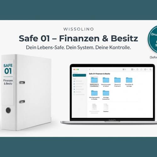 Finanzordner Vorlage PDF & PC: Notfallordner Finanzen, Konten & Vermögen | Wissolino Safe 01