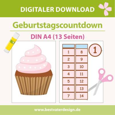Geburtstagscountdown für Kinder – Rosa Cupcake  –  14‑Tage Countdown  DIN A4 Digitaler Download