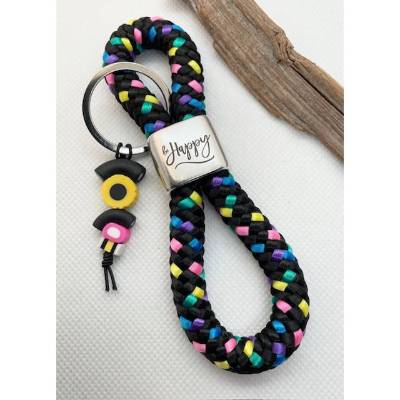 Schlüsselanhänger aus Segelseil/Segeltau, Zwischenstück: "be Happy", schwarz/bunt