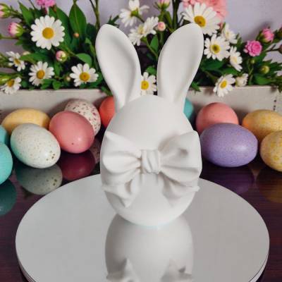3D Druck Hasen Teelichthalter, Minimalistisches Deko-Ei mit Schleife, Modernes Oster-Windlicht, Geschenk für Frühlings-F