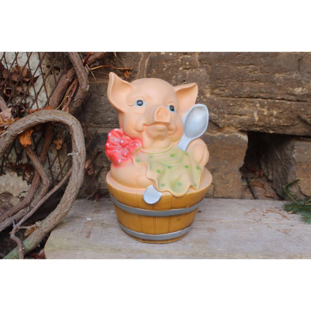 großes Sparschwein 36 x 25 cm / Schwein im Holzzuber / Keramik Vintage