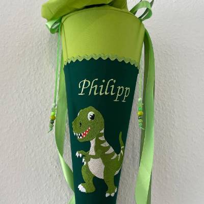 Schultüte aus Stoff bestickt mit einem T-Rex , Namen und Datum 70cm Rohling