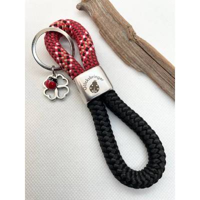 Schlüsselanhänger aus Segelseil/Segeltau, Zwischenstück: "Glücksbringer/Marienkäfer", schwarz/rot