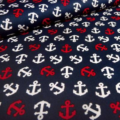 Stoff Baumwolle Popeline mit maritimen Anker Design marine-blau weiß rot Kleiderstoff Blusenstoff Dekostoff