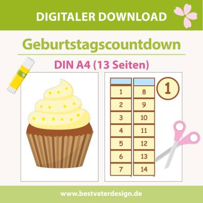 Geburtstagscountdown für Kinder – Gelber Cupcake  –  14‑Tage Countdown  DIN A4 Digitaler Download
