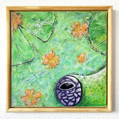 Eye Contact I, Blickkontakt mit einem Frosch, Original, Frosch Bild, , witziges Bild, Unikat, Malerei, gerahmt