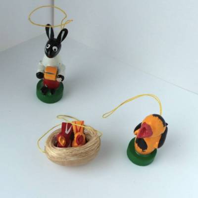Vintage Osterschmuck Osterdeko 3 Set Erzgebirge Holz Osterhase Küken Vogelnest Holzhase Osterstrauch Handbemalt