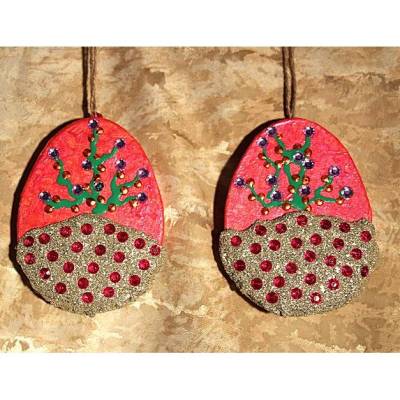 2 er-Set Ostereier BÄUMCHEN Collage Acrylmalerei auf einem flachen Pappmachè-Ei Künstler-Ei Osterei