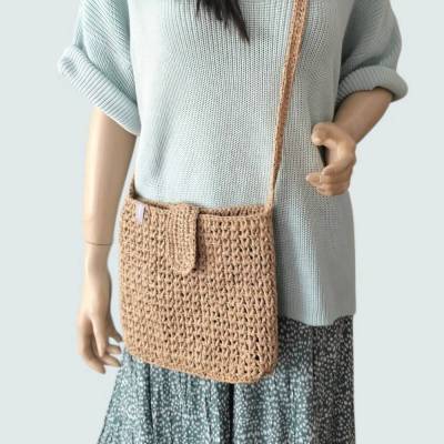 Raffia, Tasche, beige, Crossbody, gehäkelt. Umhängetasche
