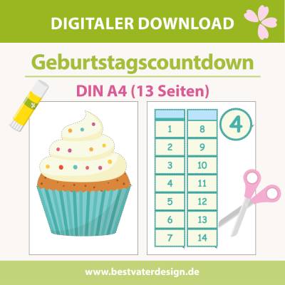 Geburtstagscountdown für Kinder – Grüner Cupcake  –  14‑Tage Countdown  DIN A4 Digitaler Download