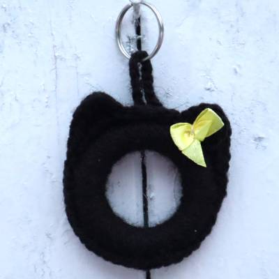 Schlüsselanhänger Katze schwarz Schlüsselring Taschenbaumler Handgefertigt Katzenkopf