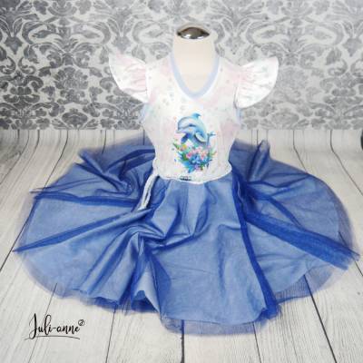 Tüll Drehkleid - Kleid mit Drehrock und Glitzer Tüll Dunkelblau Flieder mit Delfin  #Einschulung