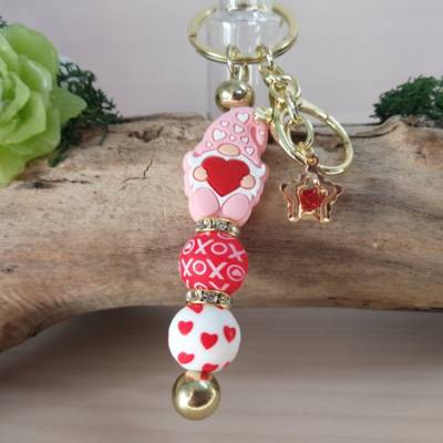 Valentinstaggeschenk Schlüsselanhänger Wichtel mit Herz in Rosa und Rot aus Silikon – Perfekt als Geschenk