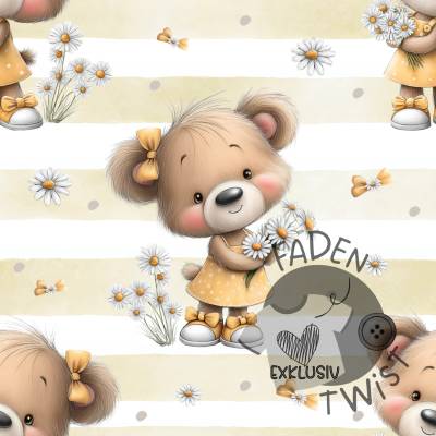 Stoff, Meterware - mit süßem Bärenmädchen und Gänseblümchen + Bügelbild, 0482