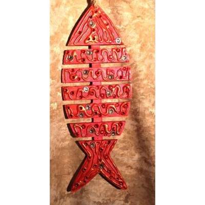 Hängedeko FEUERFISCH ROT Acrylmalerei Collage auf Holzfisch Fensterdeko Muttertagsgeschenk Vatertagsgeschenk Fisch