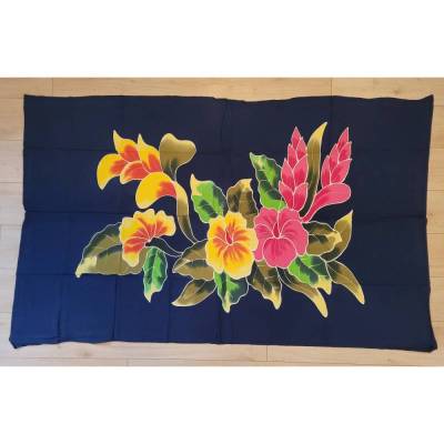 Sari-Wickelrock "Flower - Blumen" fransenlos, mit Sarongschnalle, 185x112 cm, dunkelblau, bunte Blumen, 330 g