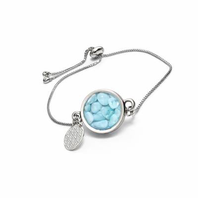 Larimar Armband Edelstahl verstellbar – Harz Anhänger 2,5×1,7 cm + 925 Silber Charm Blume des Lebens