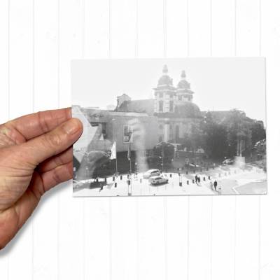 Düsseldorf Postkarte Sankt Andreas Kirche | Edle S/W Fotografie Reflexion | FineArt Karton DIN A6