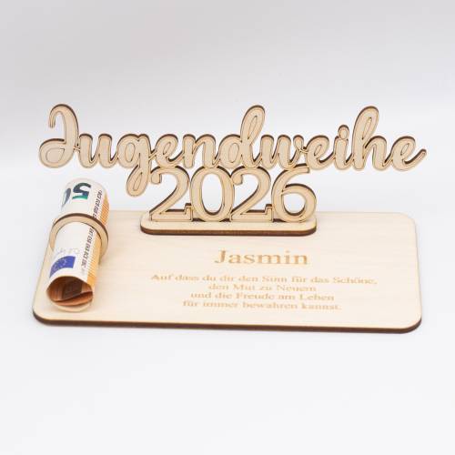 Geldgeschenk Jugendweihe 2026 - personalisiert aus Holz - modernes Jugendweihe Geschenk mit Name