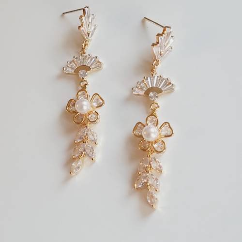 Braut Ohrringe Lang, Hochzeitschmuck Gold mit Zirkonia,Vergoldete Ohrstecker