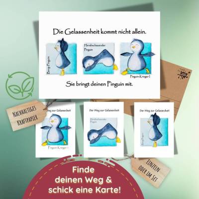 Pinguin Yoga Kartenset – 4 handillustrierte Postkarten aus Kraftpapier, DIN A6