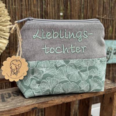 Personalisierte Schminktasche Lieblingstochter – Geschenk Kosmetiktasche mint, Kulturbeutel bestickt