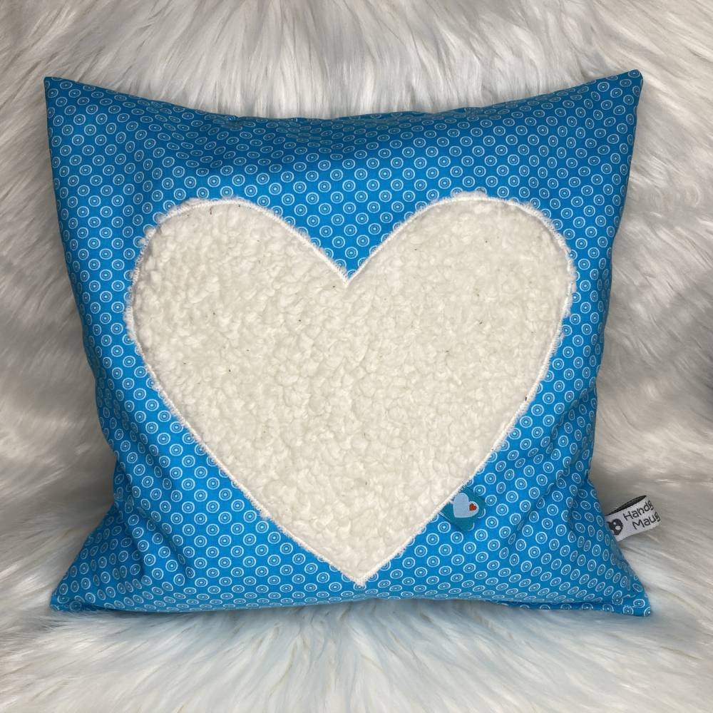 Mini Herz Kissen * 29x29cm * türkis mit weißen Kringeln