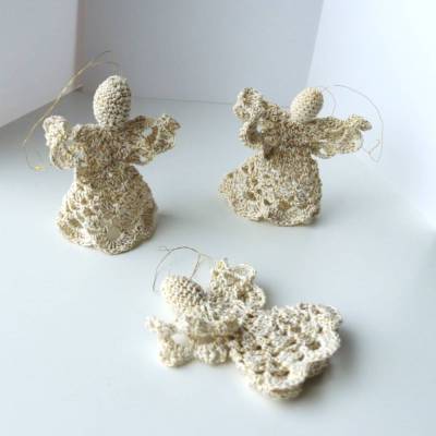 Vintage Engel Häkel Ornament Weihnachtsdeko Weihnachtsbaum Anhänger Beige Gold Handarbeit Häkelkunst