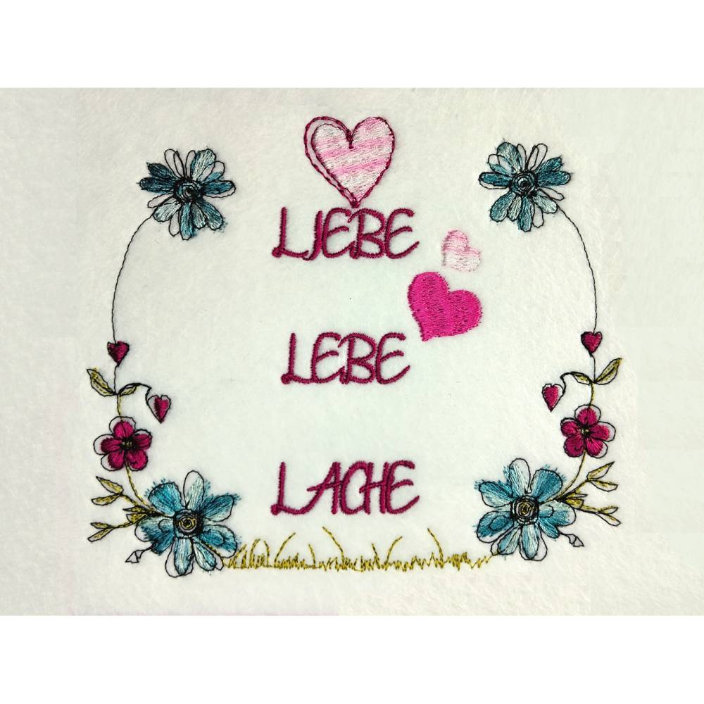 Liebe Lebe Lache Stickdatei 10x10cm – Emotionale Deko für deine Stickmaschine Bild 1