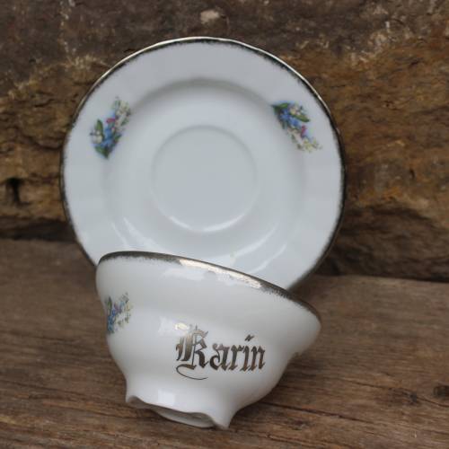 Karin Namenstasse / Kaffeetasse Teetasse Sammeltasse / Vergissmeinnicht Maiglöckchen Dekor /Rhön Porzellan Stadtlengsfel