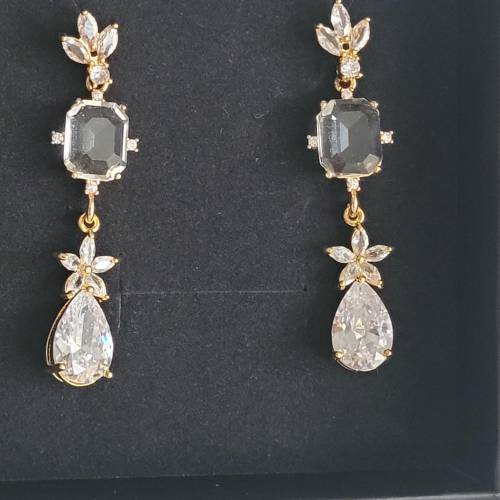 Braut Ohrringe Lang, Hochzeitschmuck Gold mit Zirkonia,Vergoldete Ohrstecker