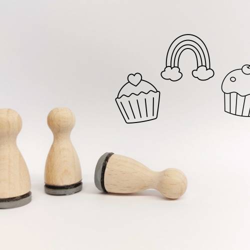 Ministempelset Muffins | 3 Stempel mit 12mm Durchmesser | Holzstempel Essen / Geburtstag