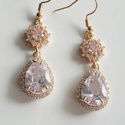 Rosa Tropfen Ohrringe 18K Hochzeitschmuck Gold mit Zirkonia,Braut Ohrringe,Vergoldete Ohrringe