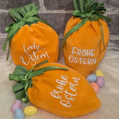 Oster-Geschenkbeutel Karotte aus Nikkistoff – 12 x 20 cm – „Frohe Ostern“ – Personalisierbar