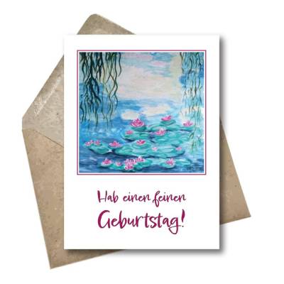 Geburtstagskarte Seerosen – Aquarellkunst im Monet-Stil – Glückwunschkarte DIN A6 mit Leinenstruktur