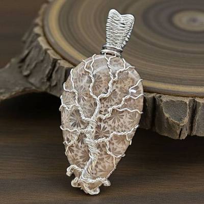 Anhänger fossile Koralle mit Lebensbaum aus Sterlingsilber handgefertigt Unikat