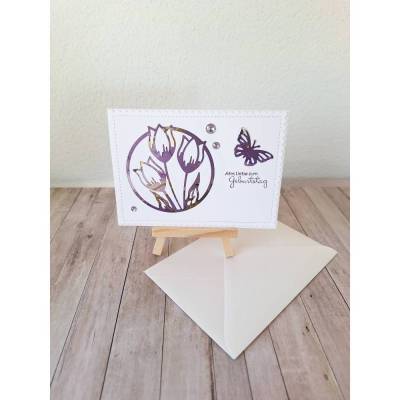 Handgemachte Glückwunschkarte zum Geburtstag Tulpe & Schmetterling in Lila Gold