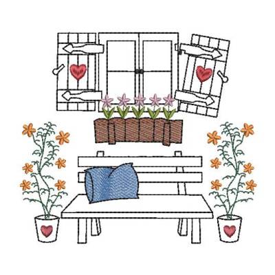 Stickdatei Gartenbank am Schupfen Scheune altes Fenster