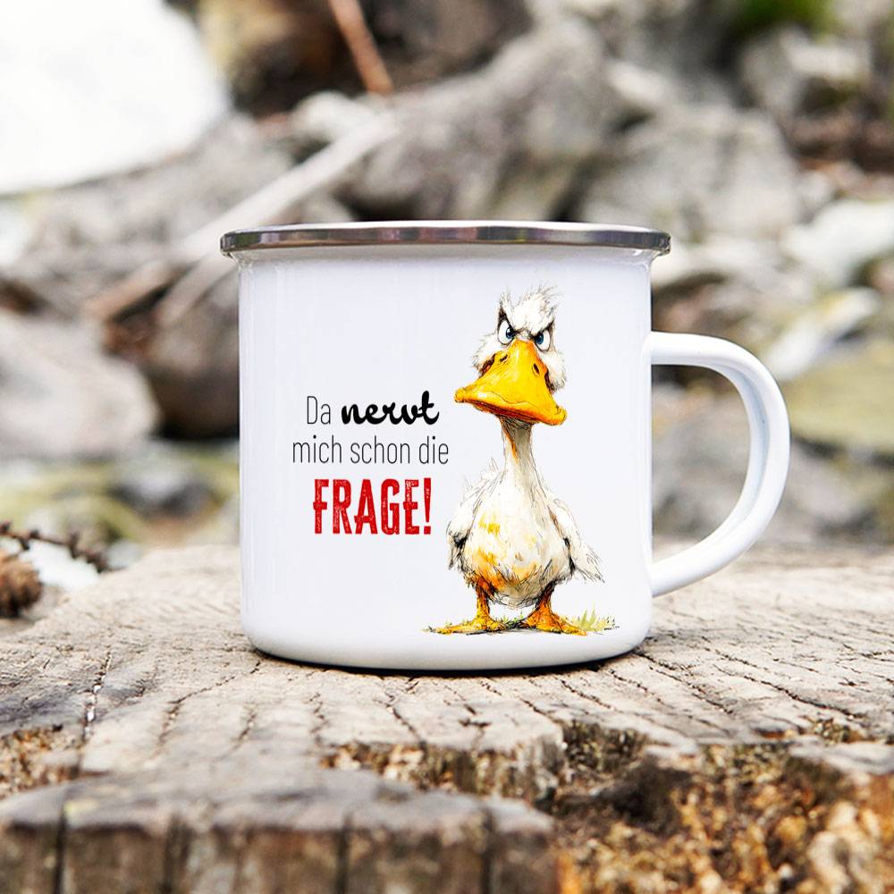 Emaille Tasse 'Frage' mit witzigem Motiv