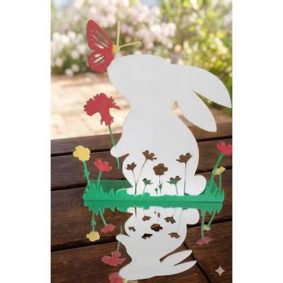 Osterdeko Hase mit Schmetterling – 3D Frühlingsaufsteller aus Kunststoff – Filigrane Tischdeko Ostern –Hasen-Silhouette