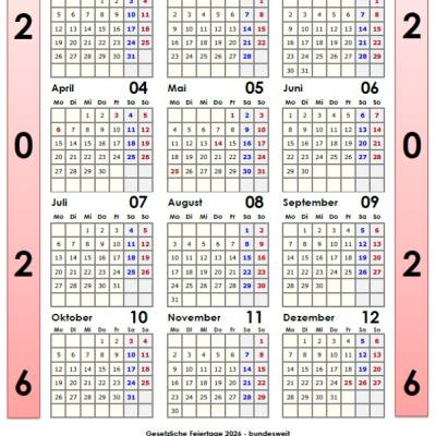 Jahreskalender 2026 auf einen Blick - Rosé auf Weiss PDF – DIN A4 zum Ausdrucken